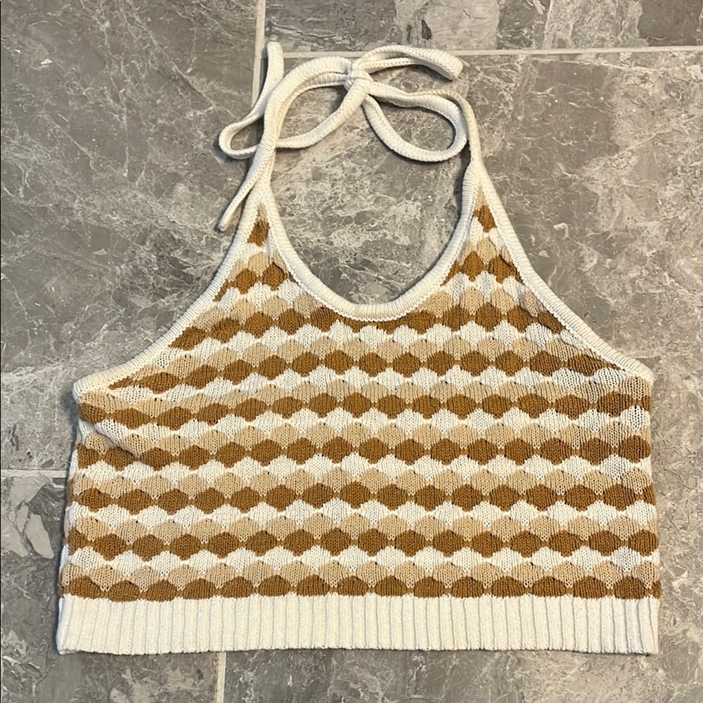 70s Style White and Brown Knit Halter Top